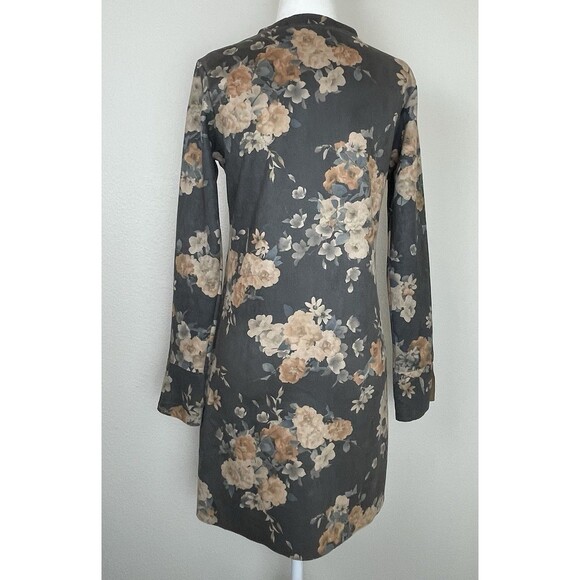 AND Longsleeve Mini Gray Floral Print Shift Dress Faux Suede Fall 90’s-8 - Picture 5 of 13